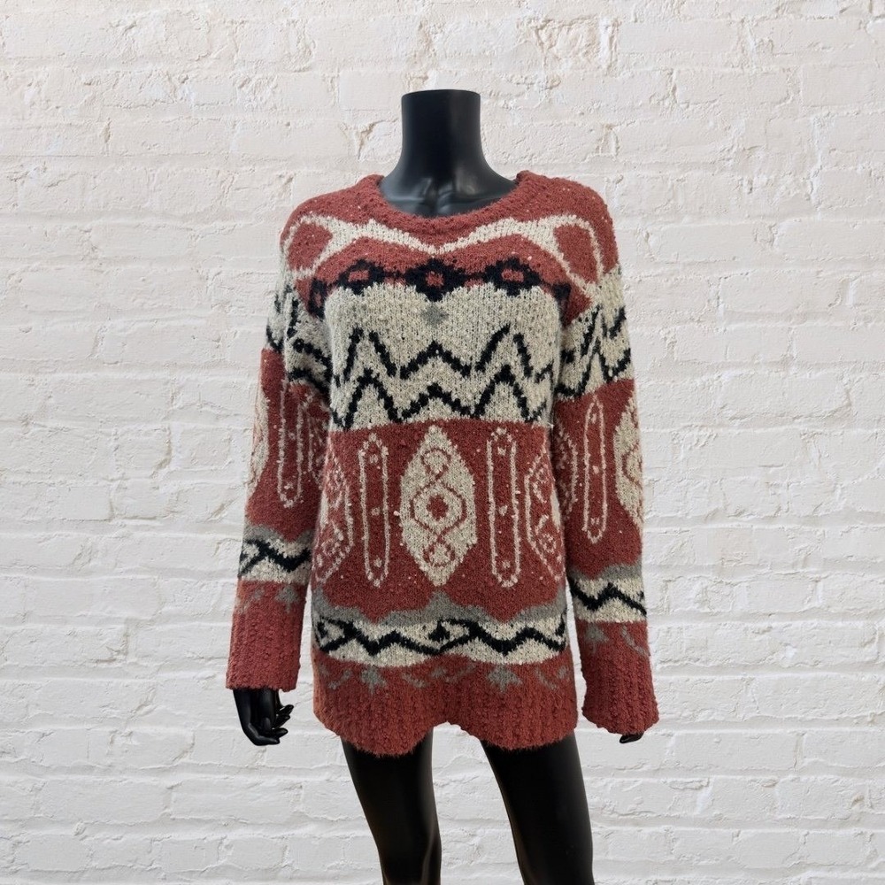 POL Aztec Boho Fuzzy Knit Sweater Women M Oversized Cozy Tribal Pullover